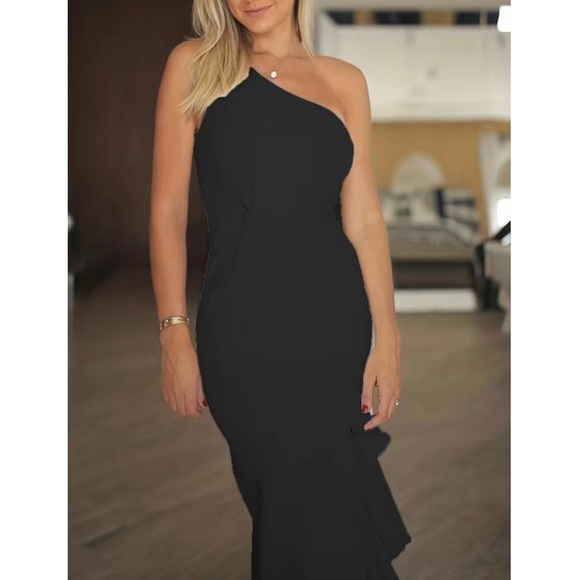 Elegant One Shoulder Longline Maxi Dress Thigh Slit Asymmetrical Ruffle Black - Picture 5 of 7
